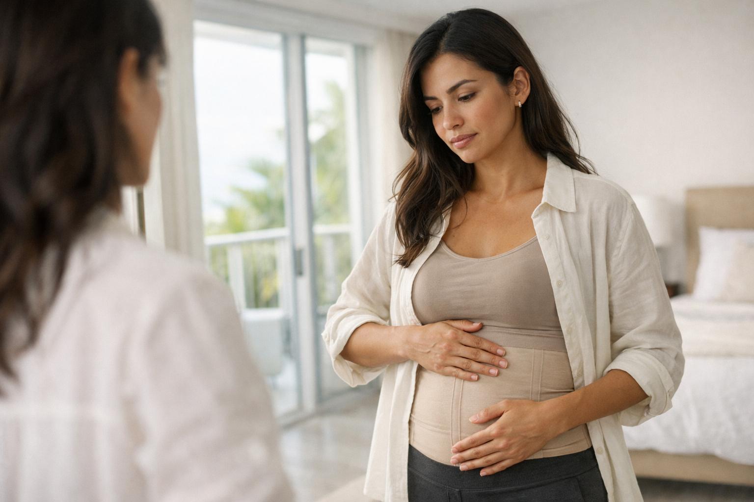 Latina woman in her 30s looking at her abdomen in the mirror during recovery, illustrating how long swelling lasts after surgery while wearing a post-surgery compression garment