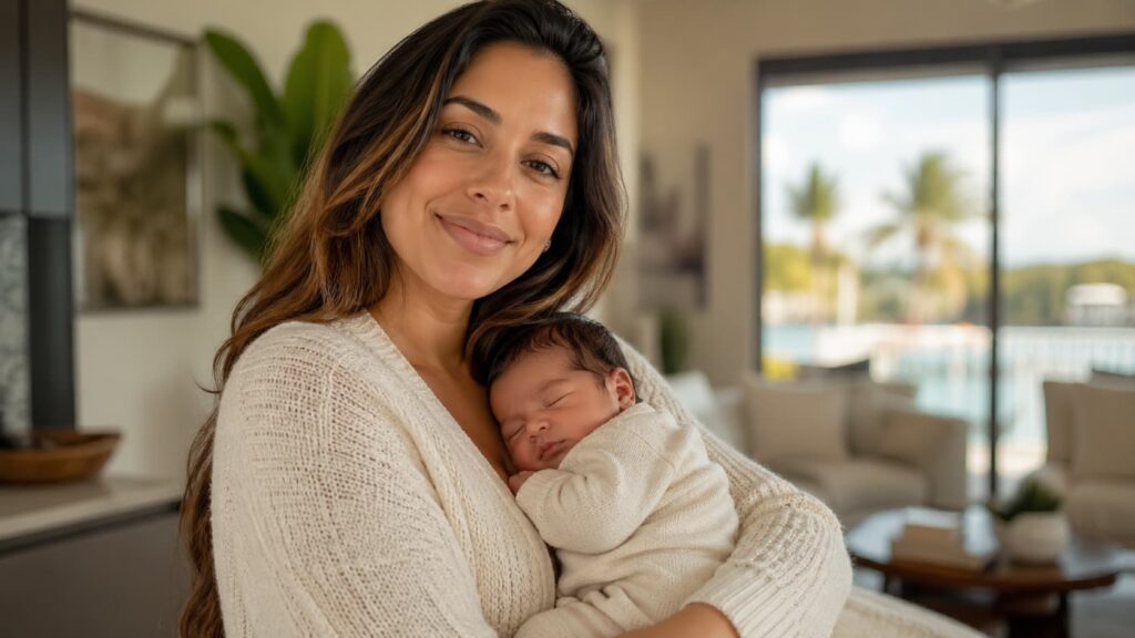 Una madre latina en Miami sostiene a su recién nacido tras considerar un embarazo después de una cirugía estética postparto.