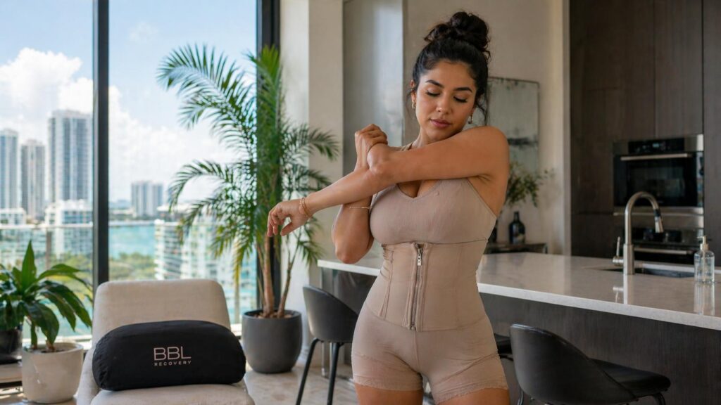 Una mujer con ropa de recuperación se estira suavemente en un luminoso apartamento de Miami después de una cirugía de aumento de glúteos (BBL), con una almohada BBL en una silla cercana durante la recuperación postoperatoria.