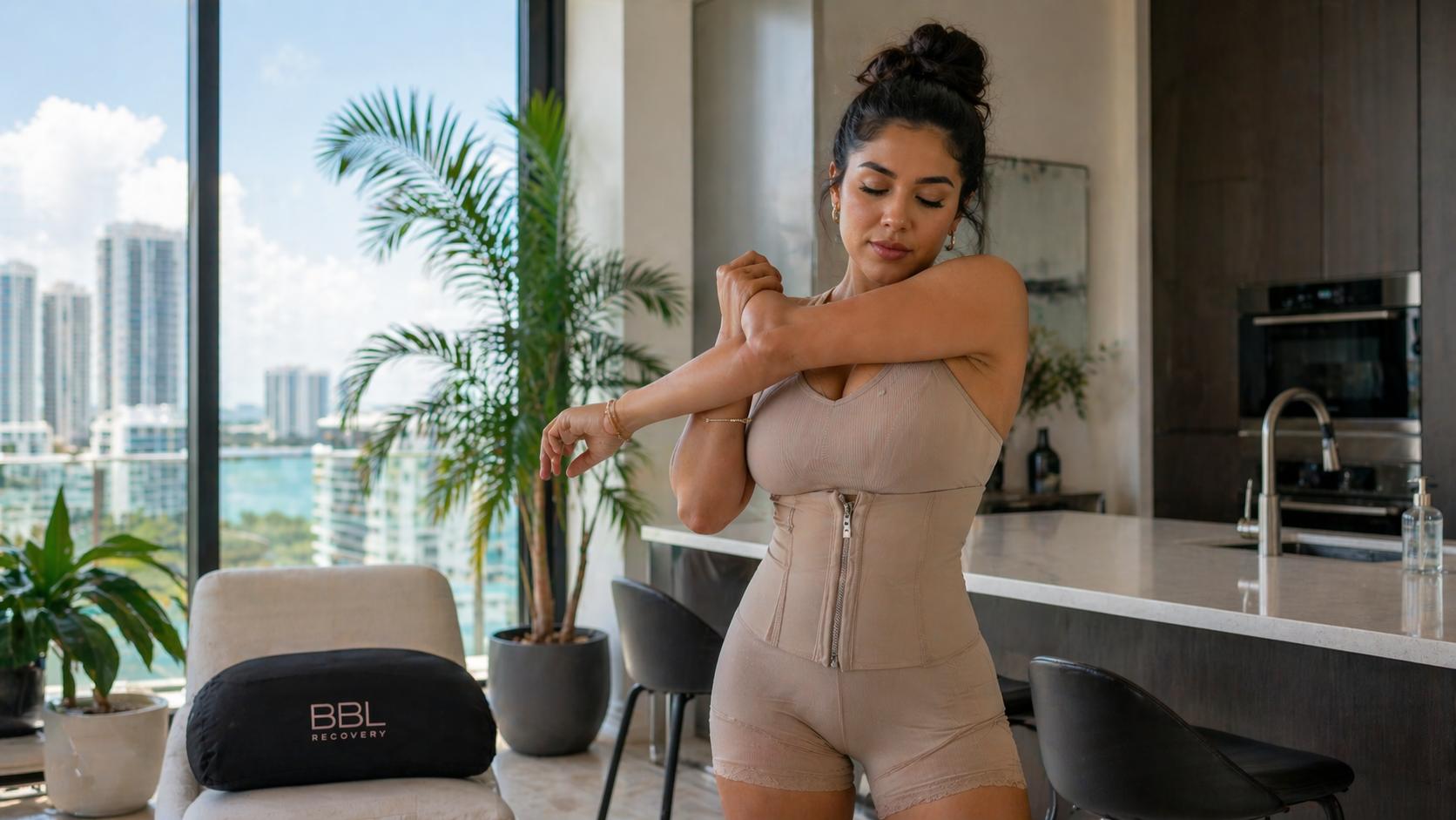 woman in recovery clothing gently stretching in a bright Miami apartment after BBL surgery, with a BBL pillow on a nearby chair during post-surgery recovery