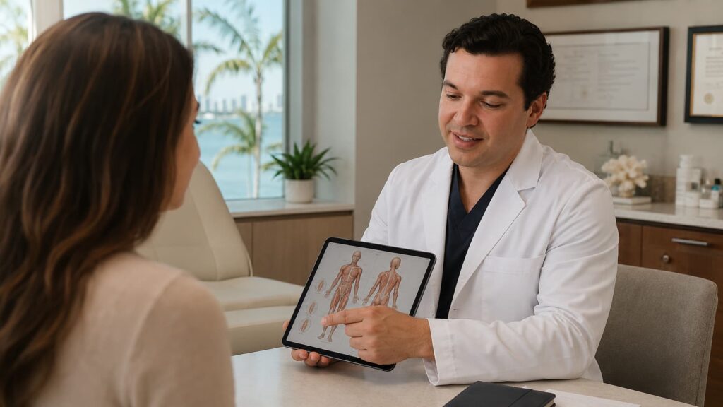 Plastic surgeon reviewing BBL safety protocol during consultation at a Miami clinic