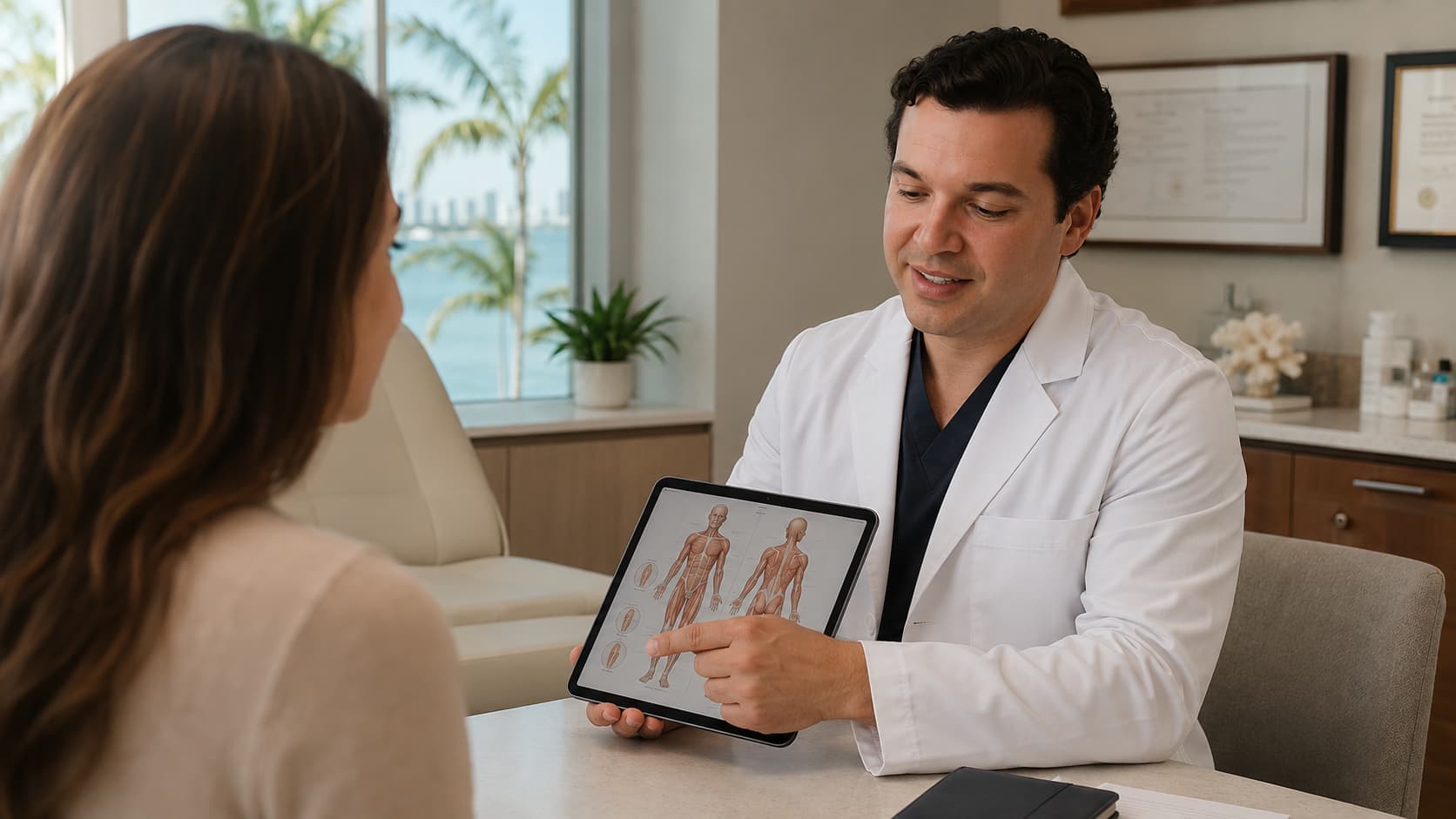 Plastic surgeon reviewing BBL safety protocol during consultation at a Miami clinic