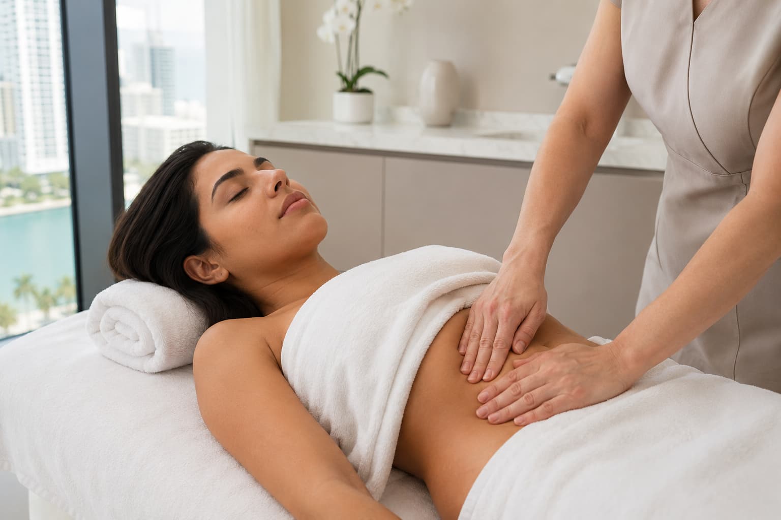 Latina patient receiving manual lymphatic drainage massage after plastic surgery in a Miami recovery clinic